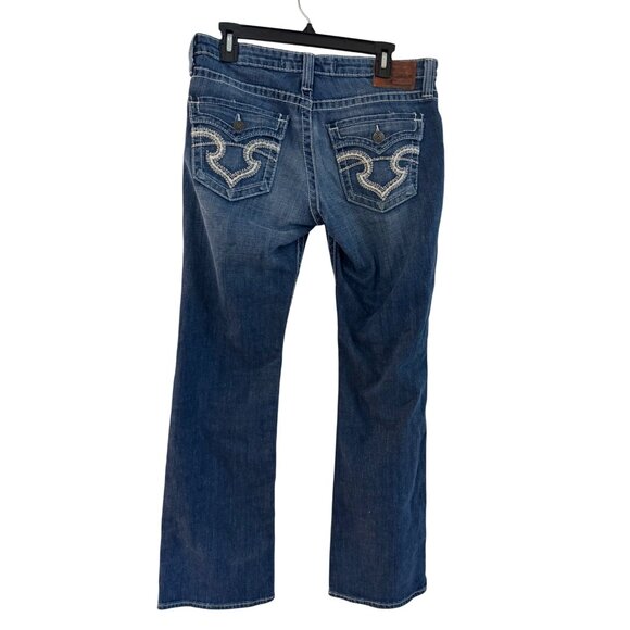 Big Star Remy Womens 32 Low Rise Bootcut Denim Jeans Distressed Wash Blue Stitch - Picture 1 of 5